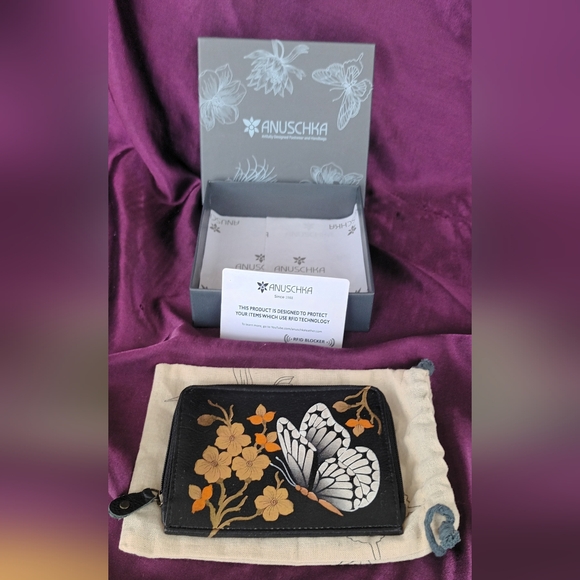 Anuschka Black Wallet with Orange and White Butterfly Design - Picture 1 of 15